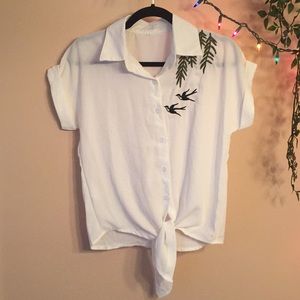 Bird and Fern Embroidered Tie-Waist Blouse